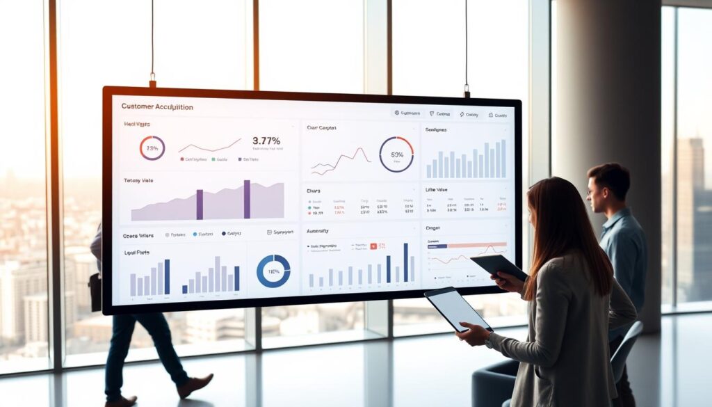 A sleek, minimalist data visualization dashboard suspended in a clean, well-lit office environment. In the foreground, interactive charts and graphs depict customer acquisition rates, churn metrics, and lifetime value data, all rendered in a muted color palette. The middle ground features a team of professionals in casual attire, intently analyzing the dashboard insights on their laptops and tablets. In the background, floor-to-ceiling windows offer a panoramic view of a bustling city skyline, bathed in warm, natural lighting. The overall atmosphere conveys a sense of data-driven decision-making, strategic planning, and a customer-centric business approach. A sleek, minimalist data visualization dashboard suspended in a clean, well-lit office environment. In the foreground, interactive charts and graphs depict customer acquisition rates, churn metrics, and lifetime value data, all rendered in a muted color palette. The middle ground features a team of professionals in casual attire, intently analyzing the dashboard insights on their laptops and tablets. In the background, floor-to-ceiling windows offer a panoramic view of a bustling city skyline, bathed in warm, natural lighting. The overall atmosphere conveys a sense of data-driven decision-making, strategic planning, and a customer-centric business approach.