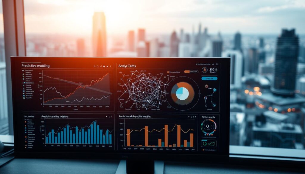 An advanced computer dashboard displays a detailed data visualization, showcasing intricate graphs, charts, and analytics related to predictive modeling. The foreground features a sleek, minimalist interface with clean typography and intuitive controls. In the middle ground, complex algorithms and data streams flow through interconnected nodes, conveying the power of AI-driven analytics. The background depicts a futuristic cityscape, hinting at the broader business applications of these predictive insights. Warm, diffused lighting creates a sense of technological sophistication, while a shallow depth of field draws the viewer's attention to the central data dashboard. The overall scene evokes a sense of data-driven decision-making, strategic foresight, and the transformative potential of AI in the business world. An advanced computer dashboard displays a detailed data visualization, showcasing intricate graphs, charts, and analytics related to predictive modeling. The foreground features a sleek, minimalist interface with clean typography and intuitive controls. In the middle ground, complex algorithms and data streams flow through interconnected nodes, conveying the power of AI-driven analytics. The background depicts a futuristic cityscape, hinting at the broader business applications of these predictive insights. Warm, diffused lighting creates a sense of technological sophistication, while a shallow depth of field draws the viewer's attention to the central data dashboard. The overall scene evokes a sense of data-driven decision-making, strategic foresight, and the transformative potential of AI in the business world.