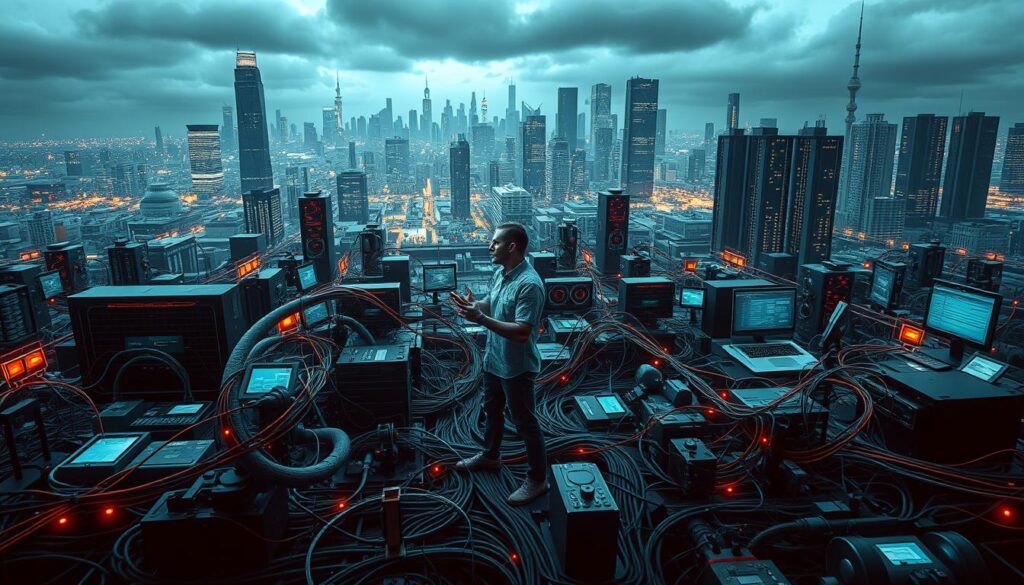 A complex technological landscape with a central figure representing the challenges of RPA implementation. In the foreground, a human operator struggles to navigate a maze of cables, servers, and data streams, symbolizing the complexities of integrating RPA into existing business workflows. The middle ground features a mix of automation tools, AI algorithms, and digital interfaces, all vying for attention. In the background, a cityscape of skyscrapers and data centers looms, suggesting the scale and scope of the digital transformation required for successful RPA adoption. The scene is illuminated by a cool, technical lighting, creating a sense of tension and urgency. The overall mood conveys the difficulties of transitioning from simple automation to intelligent, adaptive business processes. A complex technological landscape with a central figure representing the challenges of RPA implementation. In the foreground, a human operator struggles to navigate a maze of cables, servers, and data streams, symbolizing the complexities of integrating RPA into existing business workflows. The middle ground features a mix of automation tools, AI algorithms, and digital interfaces, all vying for attention. In the background, a cityscape of skyscrapers and data centers looms, suggesting the scale and scope of the digital transformation required for successful RPA adoption. The scene is illuminated by a cool, technical lighting, creating a sense of tension and urgency. The overall mood conveys the difficulties of transitioning from simple automation to intelligent, adaptive business processes.