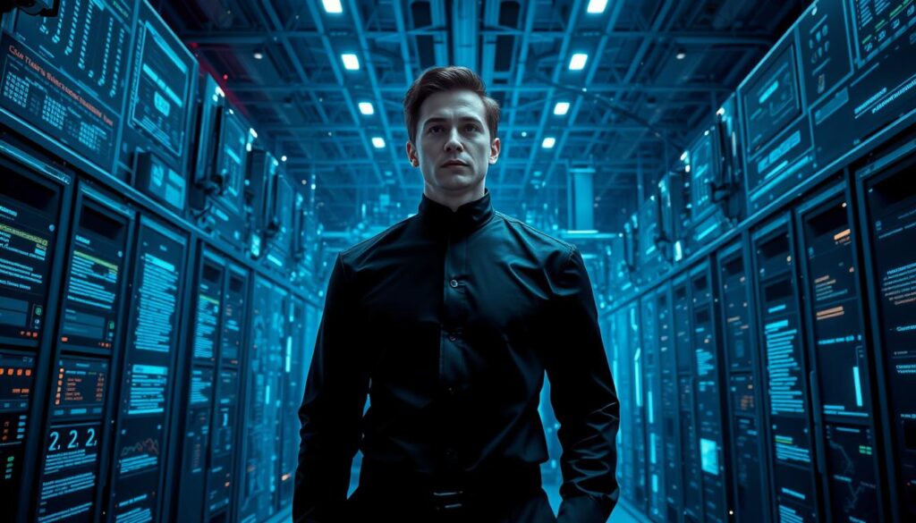 A cybersecurity professional, clad in a sleek black uniform, stands vigilant amidst a digital landscape. Behind them, a vast network of interconnected devices and servers, pulsing with data streams and communication protocols. Holographic displays flicker with real-time threat analysis, while intricate lines of code dance across the screens, revealing the intricate workings of an AI-powered security system. The lighting is cool and technical, casting dramatic shadows that add depth and tension to the scene. The camera angle is slightly elevated, giving a sense of authority and control over the digital realm. The overall mood is one of high-stakes precision and the constant pursuit of digital protection. A cybersecurity professional, clad in a sleek black uniform, stands vigilant amidst a digital landscape. Behind them, a vast network of interconnected devices and servers, pulsing with data streams and communication protocols. Holographic displays flicker with real-time threat analysis, while intricate lines of code dance across the screens, revealing the intricate workings of an AI-powered security system. The lighting is cool and technical, casting dramatic shadows that add depth and tension to the scene. The camera angle is slightly elevated, giving a sense of authority and control over the digital realm. The overall mood is one of high-stakes precision and the constant pursuit of digital protection.