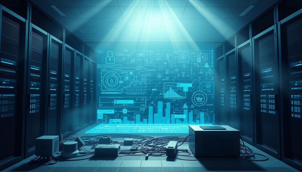A futuristic data center with sleek, modern architecture, surrounded by a hazy, blue-tinted atmosphere. In the foreground, a cluster of interconnected devices and sensors, conveying the notion of edge AI technology securely monitoring and processing sensitive data. The middle ground features a holographic data visualization, showcasing intricate graphs and charts that illustrate the flow and protection of digital information. In the background, a matrix of glowing, translucent security protocols and encryption algorithms, creating a sense of advanced, impenetrable data safeguards. Soft, directional lighting casts long shadows, adding depth and a sense of technological sophistication to the scene. A futuristic data center with sleek, modern architecture, surrounded by a hazy, blue-tinted atmosphere. In the foreground, a cluster of interconnected devices and sensors, conveying the notion of edge AI technology securely monitoring and processing sensitive data. The middle ground features a holographic data visualization, showcasing intricate graphs and charts that illustrate the flow and protection of digital information. In the background, a matrix of glowing, translucent security protocols and encryption algorithms, creating a sense of advanced, impenetrable data safeguards. Soft, directional lighting casts long shadows, adding depth and a sense of technological sophistication to the scene.